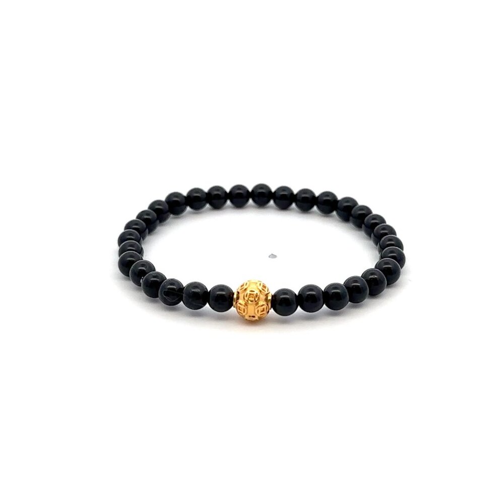 18K Gold Money Coin Ball Bracelet Gemstones Mini 4mm Black Tourmaline